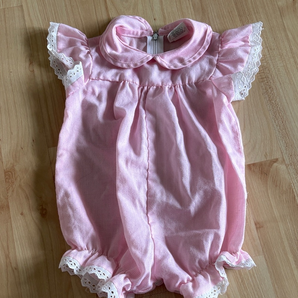 Pink Cotton Baby Bubble Romper with Lace Trim